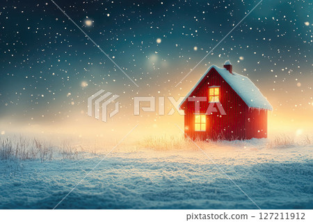 Serene Snowy Landscape with Santas House and Fog 127211912
