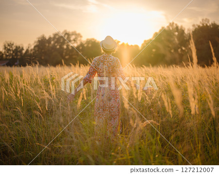 Young woman walking through picturesque European field in late summer. Golden sunlight, lush greenery, and serene rural atmosphere create peaceful countryside scene. Young woman walking through picturesque European field in late summer. Golden sunlight, lush greenery, and serene rural atmosphere create peaceful countryside scene. 127212007