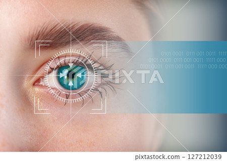 Close look at a human eye with digital scanning technology representing security and identification Close look at a human eye with digital scanning technology representing security and identification 127212039