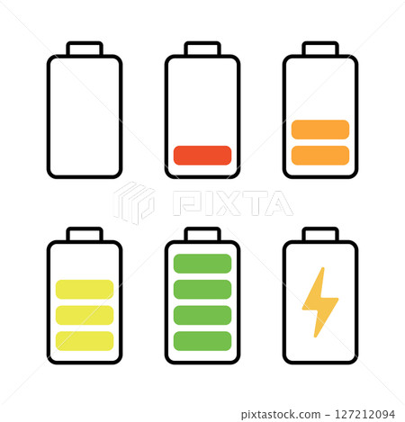 Battery Charge Level Icons Set Vector Illustration. A vector illustration featuring six battery icons representing different charge levels and status. Battery Charge Level Icons Set Vector Illustration. A vector illustration featuring six battery icons representing different charge levels and status. 127212094
