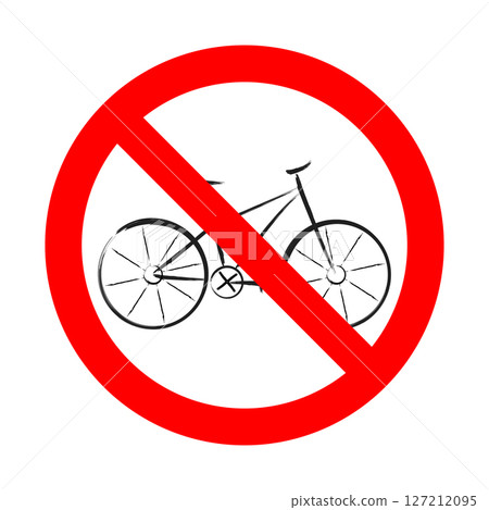 No Bicycles Allowed Sign Vector Illustration. A bold vector illustration of a prohibition sign featuring a stylized black bicycle inside a red circle with a diagonal slash. No Bicycles Allowed Sign Vector Illustration. A bold vector illustration of a prohibition sign featuring a stylized black bicycle inside a red circle with a diagonal slash. 127212095