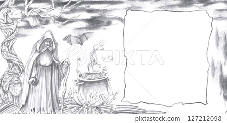 Rectangular frame with witch, cat, potion cauldron, bats. Isolated pencil illustration for Halloween interior decoration, postcards, invitations, poster printing. Rectangular frame with witch, cat, potion cauldron, bats. Isolated pencil illustration for Halloween interior decoration, postcards, invitations, poster printing. 127212098
