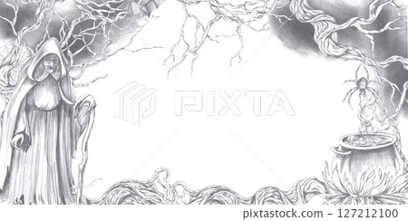 Rectangular frame with witch, cauldron with potion, branches with bats. Isolated pencil illustration for Halloween interior decoration, postcards, invitations, poster printing. Rectangular frame with witch, cauldron with potion, branches with bats. Isolated pencil illustration for Halloween interior decoration, postcards, invitations, poster printing. 127212100
