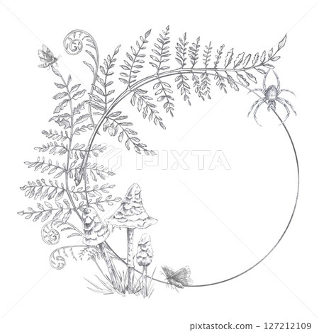 Round fern wreath with mushrooms, spider and moths. Isolated pencil illustration for Halloween interior decoration, poster and fabric printing. Round fern wreath with mushrooms, spider and moths. Isolated pencil illustration for Halloween interior decoration, poster and fabric printing. 127212109