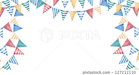 Rectangular frame with flags. Isolated watercolor illustration on a festive theme for postcard design, sales, interior for theme parties, printing on posters. Rectangular frame with flags. Isolated watercolor illustration on a festive theme for postcard design, sales, interior for theme parties, printing on posters. 127212110