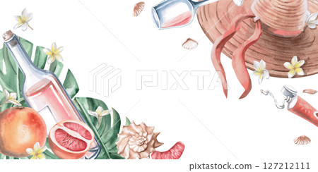 Rectangular frame on the theme of recreation. Isolated watercolor illustration for restaurant menu design, summer sales brochures, poster printing, advertising campaigns. Rectangular frame on the theme of recreation. Isolated watercolor illustration for restaurant menu design, summer sales brochures, poster printing, advertising campaigns. 127212111