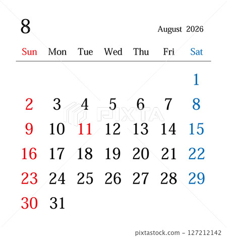 August 2026, Japanese calendar - Stock Illustration [127212142