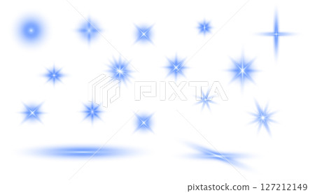 Neon flash with rays or blue spotlight and bokeh. Blue lens flares set. Magic blue glow light effect. Vector. PNG 127212149