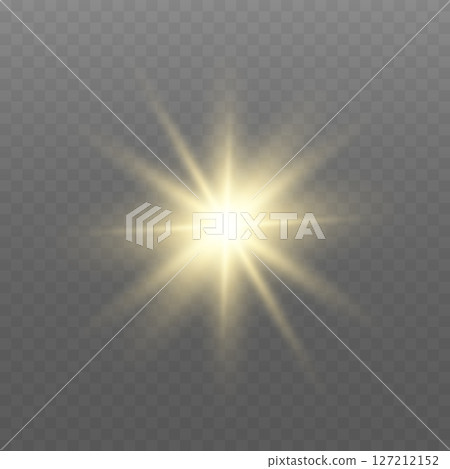 Glowing gold light. Glowing sun flash with golden rays, spotlight effect, and sparkling bokeh. Transparent overlay, warm illumination, starry highlights, soft bokeh 127212152