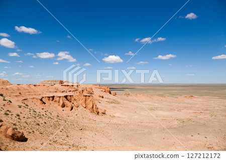 Flaming Cliffs rocks landscape, Mongolia. Gobi desert Flaming Cliffs rocks landscape, Mongolia. Gobi desert 127212172