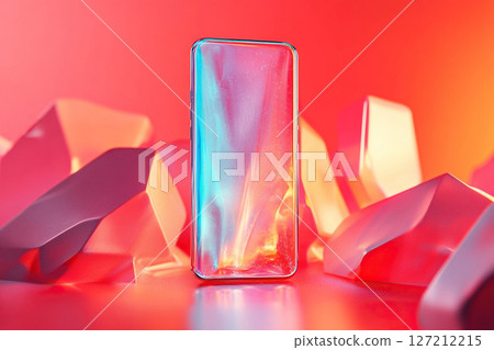 Holographic smartphone screen on red background. Blank smartphone screen. 127212215