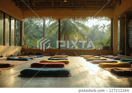 A spacious classroom for group yoga and meditation classes with tropical forest surroundings. 127212269