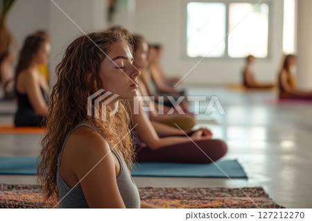 Group meditation class. Women with peaceful expressions on their faces. 127212270