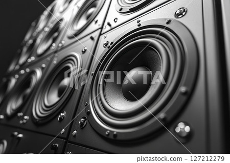 Audio speakers on a black background. Loud quality music concept. Generated by artificial intelligence Audio speakers on a black background. Loud quality music concept. Generated by artificial intelligence 127212279