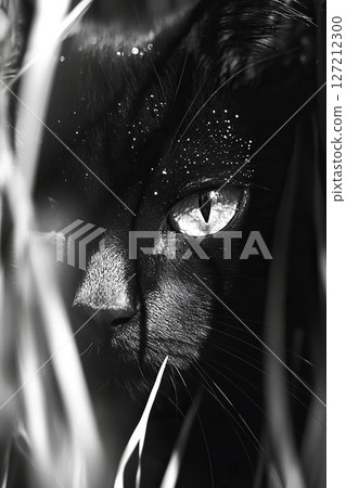 Black and white photo of a black cat from behind the grass. Vertical background with a cat. 127212300