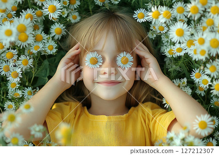 A 5 year old girl is lying in a chamomile field. The girl put chamomile flowers on her eyes and smiles. 127212307
