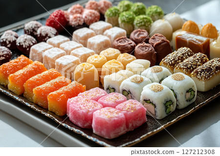 Close-up of a large metal tray with Turkish delight. Generated by artificial intelligence 127212308