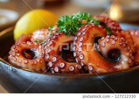 Close-up of octopus dish with lemon and herbs. Generated by artificial intelligence 127212330