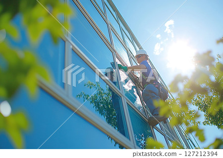 A professional cleaner in overalls and a helmet washes windows and shop windows at a height using special equipment. Generated by artificial intelligence A professional cleaner in overalls and a helmet washes windows and shop windows at a height using special equipment. Generated by artificial intelligence 127212394