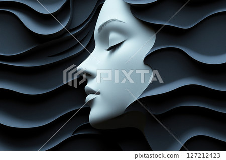 Portrait of a beautiful girl from the side. On a dark wavy background, a woman's face, artistic design. 127212423