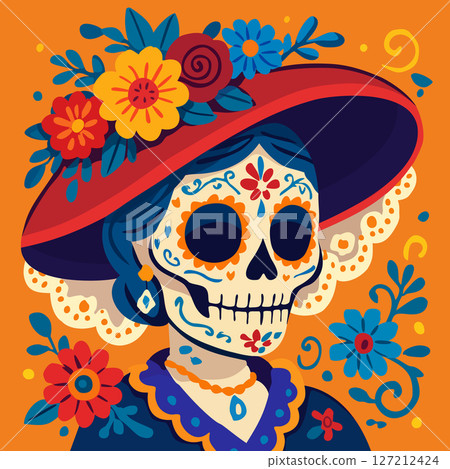 Catrina Calavera. Female sugar skull. Mexican Day of the Dead. Vector decorative illustration 127212424