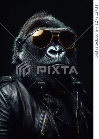 Cool gorilla in sunglasses and leather jacket on black background 127212431