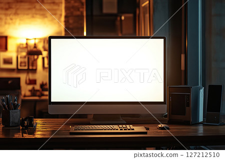 Minimalistic workspace with large white screen monitor on wooden table 127212510