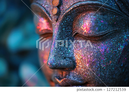 Calm Buddha face with colorful reflections close up 127212539