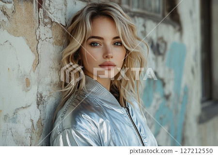 Blonde woman with relaxed expression in silver jacket on street 127212550