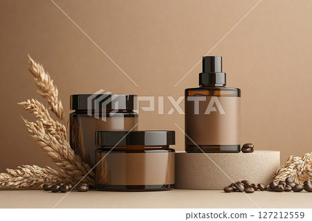 Brown glass cosmetic jars with natural fabric brown background 127212559