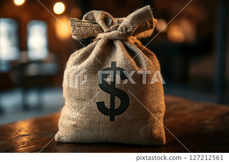Money bag on village table with currency symbol Money bag on village table with currency symbol 127212561