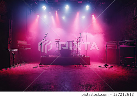A concert stage at a rock festival, silhouettes of musical instruments in the bright rays of spotlights and stage smoke. Generated by artificial intelligence 127212618