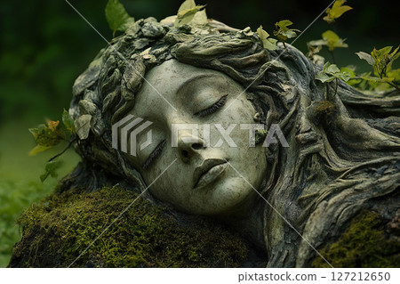 Sculpture of a sleeping girl in the forest with leaf decorations 127212650