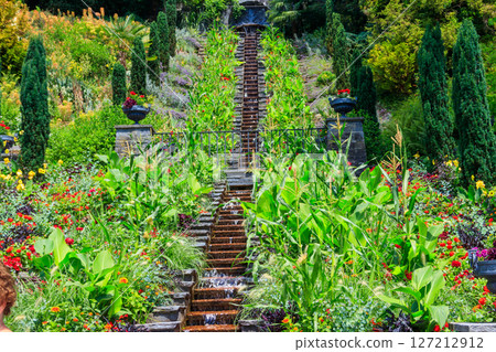 Italian flower water stairs on the island of flowers Mainau on Lake Constance, Germany Italian flower water stairs on the island of flowers Mainau on Lake Constance, Germany 127212912