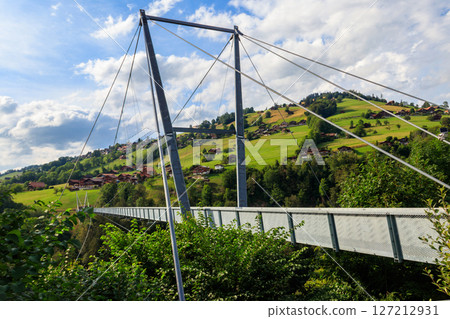 Suspension pedestrian panorama bridge over the Gummi gorge in Sigriswil, Switzerland Suspension pedestrian panorama bridge over the Gummi gorge in Sigriswil, Switzerland 127212931