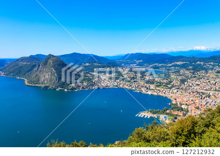 Scenic view of lake Lugano from Monte Bre mountain in Ticino canton, Switzerland 127212932