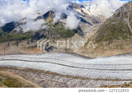 Beautiful view of the Great Aletsch Glacier in Valais canton, Switzerland. View from Eggishorn Beautiful view of the Great Aletsch Glacier in Valais canton, Switzerland. View from Eggishorn 127212933