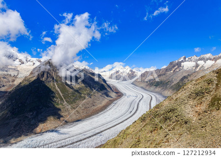 Beautiful view of the Great Aletsch Glacier in Valais canton, Switzerland. View from Eggishorn Beautiful view of the Great Aletsch Glacier in Valais canton, Switzerland. View from Eggishorn 127212934