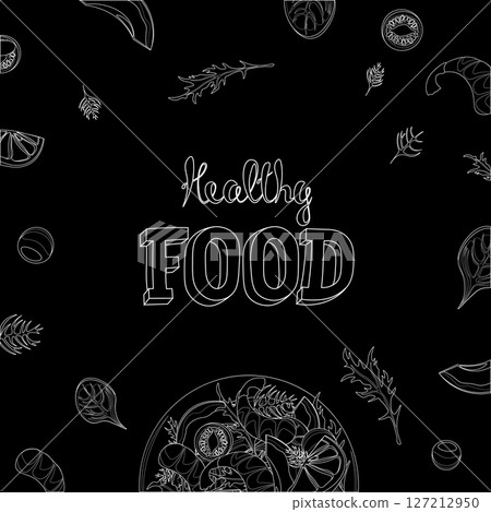 Healthy food illustration design. Wholesome nutrition eating plan outline. Restaurant menu diet wellness blog. Minimalist black background vector art. Healthy food illustration design. Wholesome nutrition eating plan outline. Restaurant menu diet wellness blog. Minimalist black background vector art. 127212950