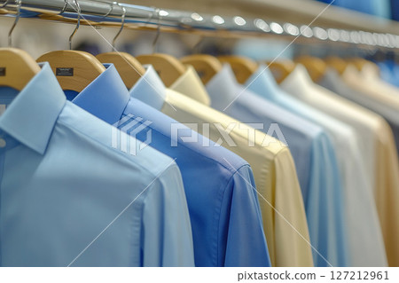 Stylish business shirts hanging on hangers in a fashion store, stylish light interior of the store. Generated by artificial intelligence 127212961