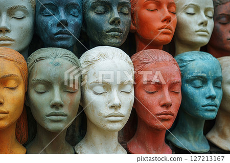Plaster busts of different colours with a female face with closed eyes. 127213167
