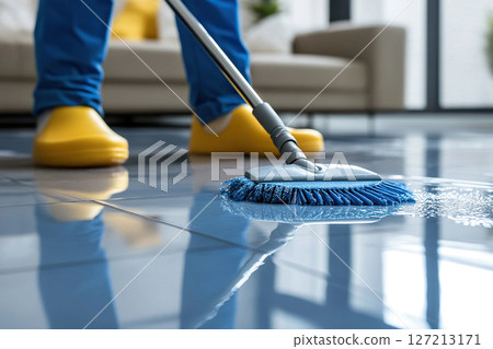 Close up of mop with cloth during wet cleaning of floor at home or office. Generated by artificial intelligence 127213171