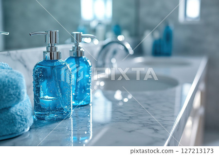 Bathroom. Close-up of a dispenser with blue liquid soap near a sink. Generated by artificial intelligence 127213173