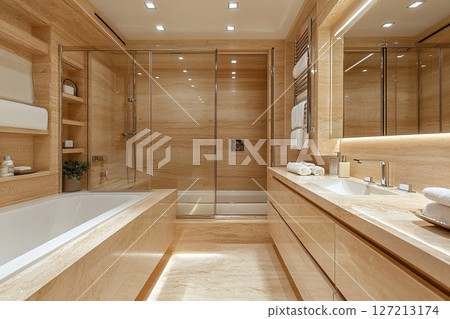 Interior of a spacious bathroom with a shower cabin and a bathtub, finished with marble tiles. Modern light bathroom interior. 127213174