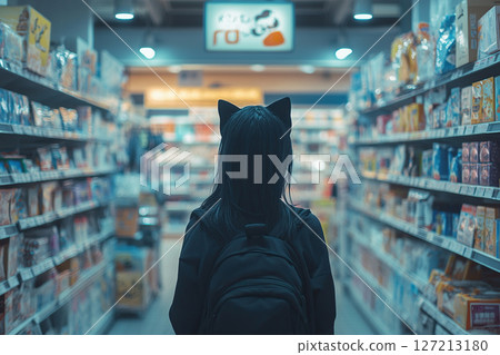 A teenager with cat ears on his head walks through a grocery store. Generated by artificial intelligence A teenager with cat ears on his head walks through a grocery store. Generated by artificial intelligence 127213180