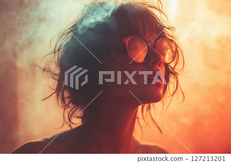 Fashion portrait of young girl in dark glasses with warm smoky effect. Generated by artificial intelligence 127213201