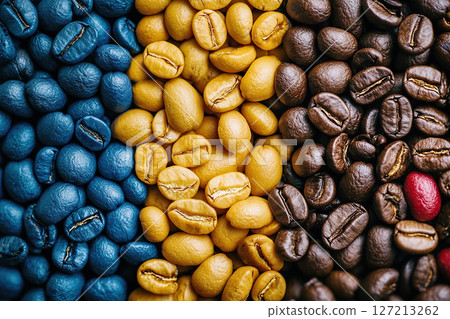 Coffee beans are colored like the Colombian flag. Coffee business concept. Generated by artificial intelligence 127213262
