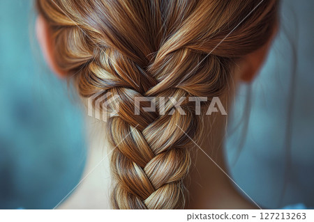 Women's hair in a braid on a blurred background. Brown hair braided close-up. Beautiful healthy female hair with elements of coloring. Generated by artificial intelligence 127213263