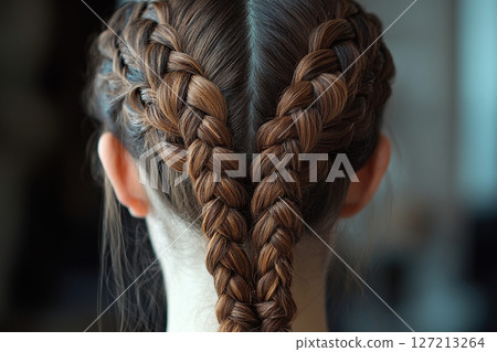 A rear view of a young woman's hair braided into two pigtails. Generated by artificial intelligence 127213264