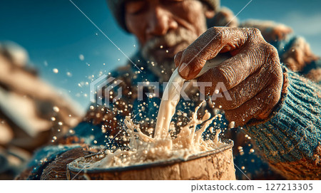 A gloved farmer pours fresh milk into a wooden container, captured mid-splash in a dynamic setting 127213305